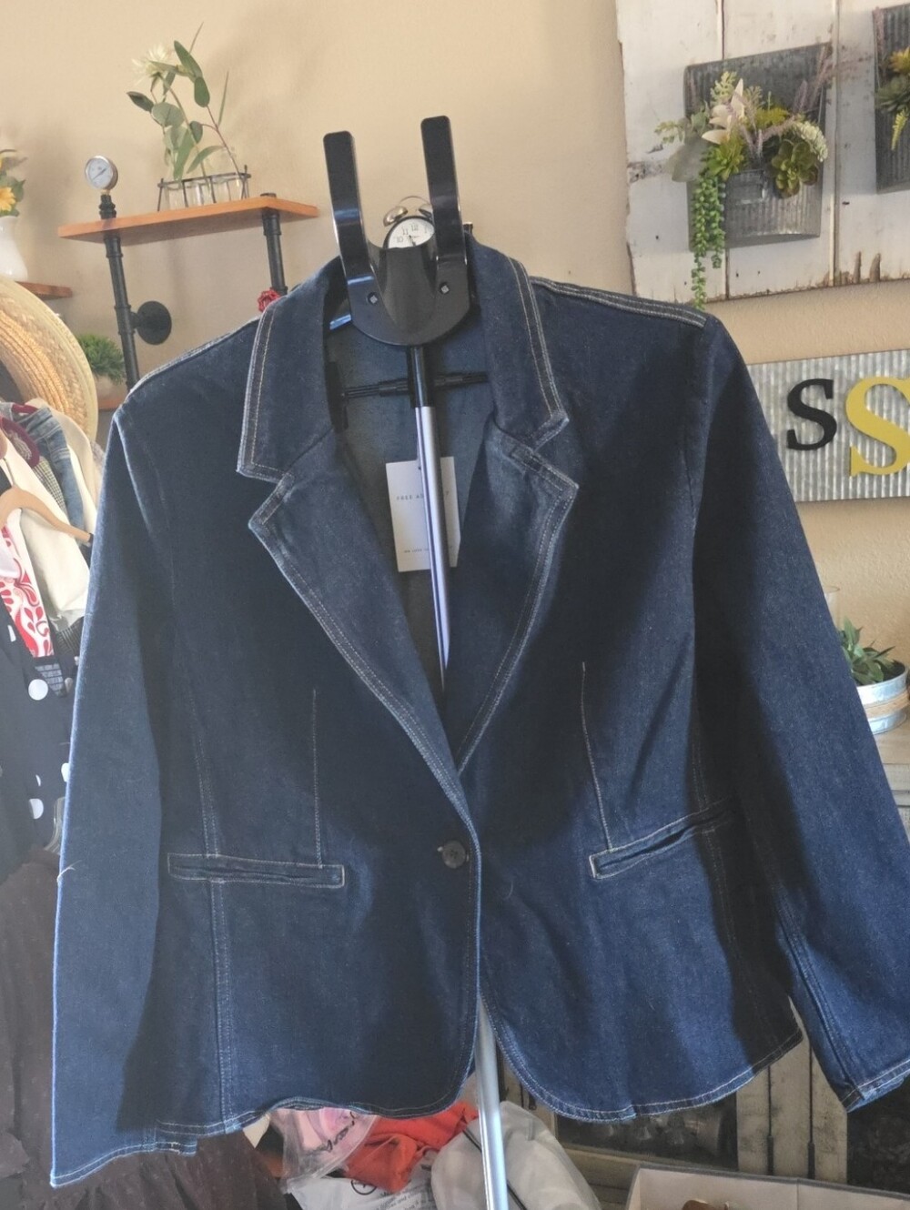 Dark Blue Denim Blazer Jacket - Women's Tailored Coat XL